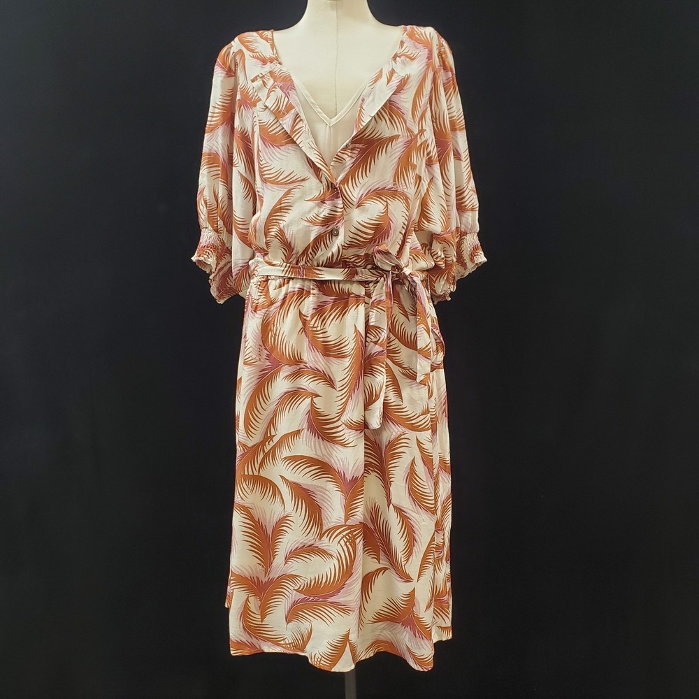 Anthropologie Nicole Linen Puff Sleeve Shirt Dress Size L Leaf‎ Resort Summer